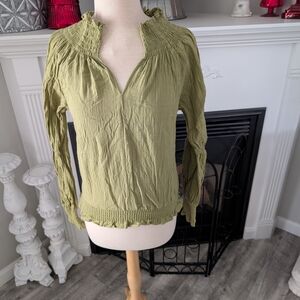 Porridge By Anthropologie Olive Green Smocked Blouse Size XXS